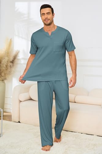 Image of JiniGolla Mens Pajamas Set Soft Short Sleeve Top and Pant Loungewear Sets 2 Piece Pjs with Pockets