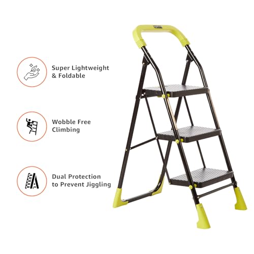 Image of Amazon Basics Dynamo - Foldable Step Ladder, Safety Clutch Lock, Anti Slip Steps, Knee Guard, Anti Skid PVC Shoes, 3 Steps (Steel, Black & Lime Green)