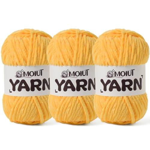 Image of 3 Pack Fluffy Chenille Yarn for Crocheting, Chunky Velvet Yarn for Crochet Amigurumi, Baby Yarn for Crocheting Soft Blanket, 262.4yds /10.5 oz Bulky Yarns for Crafts /Hats /Shoes /Socks (3 Golden Yellow)