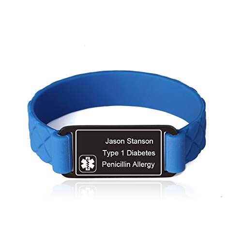 Silicone Medical Alert ID Awareness Bracelet for Kids Withe Free Engraving, Blue 5-6 inches