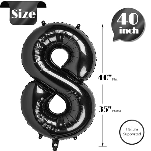 Image of Black Number 8 Balloon 40 Inch, 8th Birthday Party Decorations, Giant 8 Foil Balloon for Party Supplies