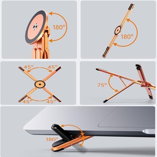Image of EDNITA Foldable Magnetic Laptop Stand for Desk, Adjustable Portable Aluminum Notebook Holder, Compact Ergonomic Laptop Riser for MacBook, Laptops, Mobile & Tablets with Magnetic Feature-Orange