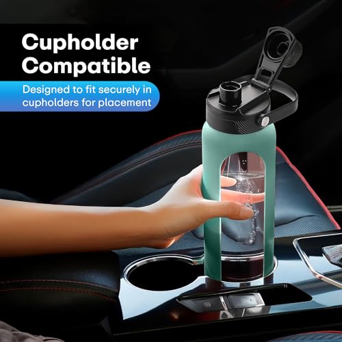 Image of Rioware1 Litre Motivational Borosilicate Glass Sipper with Silicone Sleeve, Time Markings, Airtight,Leak-Proof BPA-Free Eco-Friendly, Reusable Bottle For Fridge, Gym, Travel, Office & Home (GREEN)