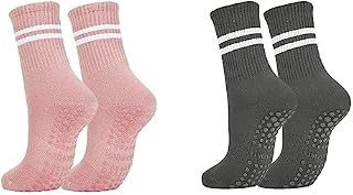 Yoga Socks for Women Men Non Slip, 2 Pairs Anti Slip Pilates Stockings, Non Slip Socks for Trampoline Barre Dance, Grip Socks for Hospital Home Exercise, Gray and Pink Fall Prevention Stocking