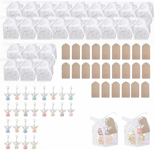 MAXMURYS Boîtes Cadeau baptême Croix en Papier Blanc – Lot de 24 avec Rubans, étiquettes Kraft et Porte-clés Ailes d’Ange – Idéales pour dragées,...