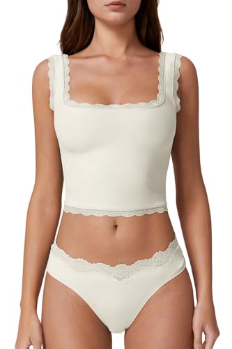 QINSEN Womens Square Neck Lace Trim Tank Tops Double Lined Slim Fit Summer Going Out Y2k T Shirts