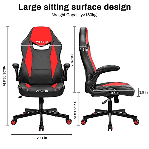 BASETBL-Silla-Oficina-Ergonomica-Silla-Gaming-Cuero-PU-con-Altura-Ajustable-Silla-Racing-Apoyabrazos-Abatibles-Silla-Escritoria-Giratoria-Carga-Max-150kg-Rojo