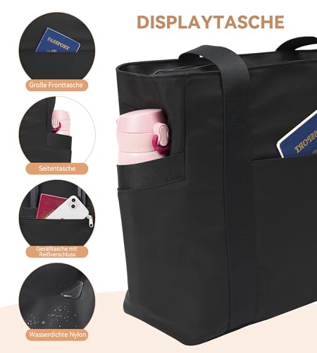 KALIDI Shopper Tasche Damen Groß Handtasche Arbeitstasche Uni Tasche Tote Bag Schwarz für Arbeit, Schule, Büro