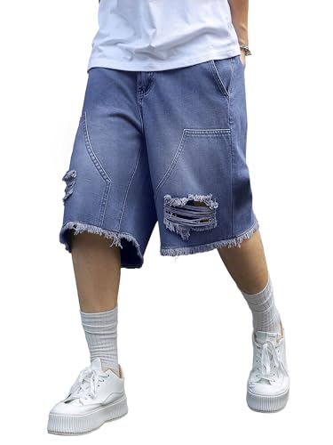 Mens Ripped Baggy Jean Shorts, Y2k Jorts Wide Leg, Distressed Cargo Long Denim Shorts Cotton Loose Fit Streetwear 2026 Summer