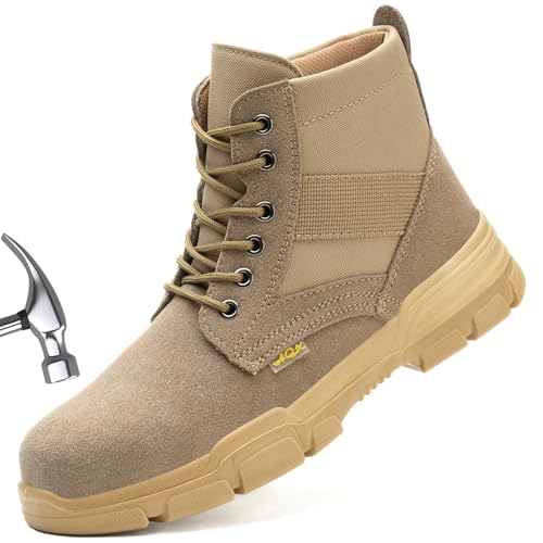Steel Toe Boots for Men or Women, Slip Resistant Work Boots Steel Toe Shoes Indestructible Tactical Mid Top Safety Shoes for Warehouse Industry Construction - Khaki