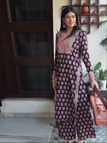 Image of ANNI Designer Women's Viscose Blend Straight Printed Kurta with Palazzo | Ethnic Indian Kurta Set | 3 /4 Sleeve Round Neck Traditional Dress | Festive Office Casual Outfit for Women