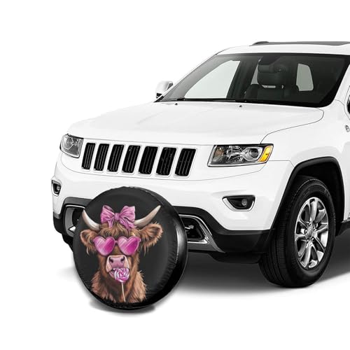 Image of Highland Cow Pink Heart Glasses Lollipop Bow Valentine Spare Tire Cover Wheel Protectors Dust-Proof Sun Protection Wheel Tire Covers Universal Fit for Truck SUV RV Camper Trailer 16 inch