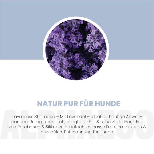 alphazoo Lavellness Shampoo für Hunde 250 ml – mit Lavendelöl & Kokosfruchtextrakt. Milde, pflegende Reinigung für Fell & Haut. Frei von Parabenen und Silikonen. Ideal für empfindliche Hundehaut