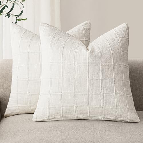 Image of Foindtower Set of 2 Decorative Linen Check Throw Pillow Covers Neutral Farmhouse Vintage Cushion Covers Modern Boho Home Decor for Sofa Chair Couch Bedroom Living Room,16x16 Inch,Cream White
