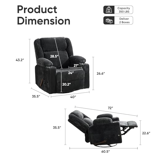 Image of Oversized Manual Recliner Chair with Arm Storage,Swivel Rocker Recliner Chair for Adults with Adjustable Headrest,Nursery Glider Recliner with Phone Stand and Side Pockets for Living Room,Dark Grey