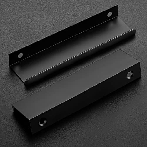 Image of 6 Pack Finger Pulls for Cabinets - 102mm /4in Hole Center Black Handles | 128mm /5 inch Overall Length, Edge Pulls, Concealed Tab Kitchen Drawers Pulls, Easy Install, Screws Included, Rust-Resistant