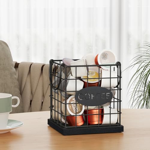 Image of YINMIT K Cup Holder Organizer, Sturdy Coffee Pod Holder Organizer, 35 Kcup Large Capacity Storage Basket for Kitchen Counter and Office Desktop (Black-Square with Handle)
