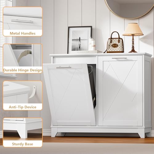 Image of BORNOON Tilt Out Trash Can Cabinet for 2 Bins, Hidden Recycle Garbage Bin Enclosure, Wooden Double Laundry Cabinet with Odor Control, Negative Ion & Ozone, for Kitchen, Bathroom, Laundry Room