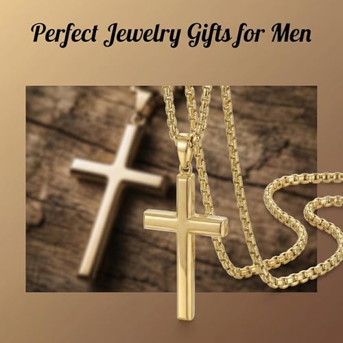Image of 14K Gold Cross Necklaces for Men,Crosses Pendant Necklace for Mens Minimalist Religion Jewelry Chunky Box Chain 24in