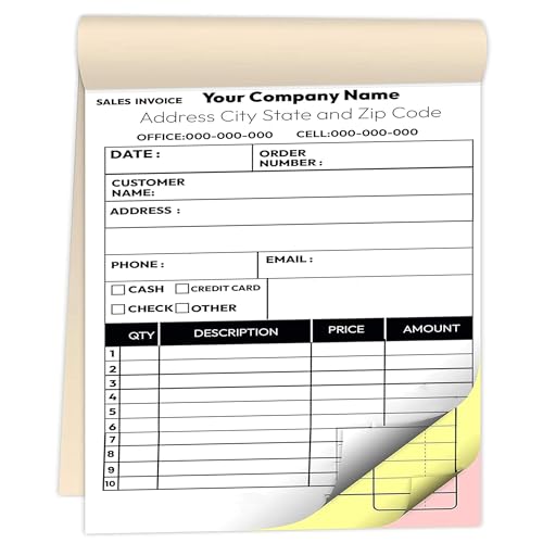 Custom 8.5" X 11" Invoice Receipt Book, Carbonless NCR Invoice Book in 3-Part Duplicate Receipts, Estimates, Purchase Orders, Sales Orders, Price Forms with Your Company/Business Name