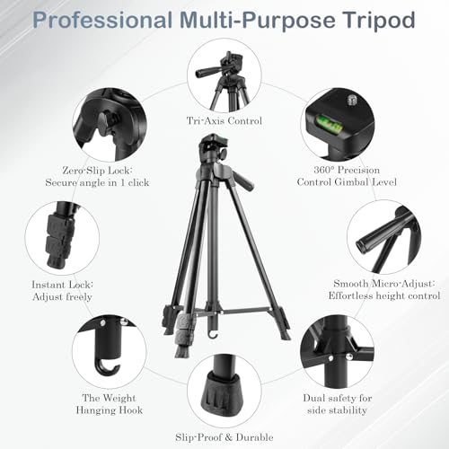 Professional Camera Tripod 67" with 3-Way Pan Head with 1/4''Adapter-5-Section Aluminum Tripod for Smartphones DSLRs Includes Oxford Case Load Capacity 6.6lbs - Image 2