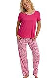 Indigo Sky Conjunto de pijama Joie Palm Print para mujer, suave y cómodo, jersey elástico rico en algodón, camiseta y pantalones de pijama estampados de longitud completa, rosa, 44-46