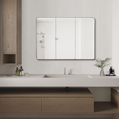 Image of IDYLLOR Bathroom Mirror Medicine Cabinet with Round Corner Framed Door 36 x 26 inch, Black,Recessed or Surface Mount, with Adjustable Glass Shelves