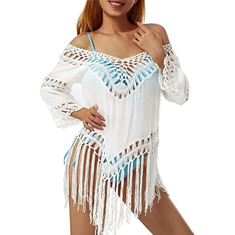 Women's Swimsuit Cover Up Hollow Out V Neck Irregular Tassel Solid Summer Beach Bathing Suit Bikini Cover-Ups Sarongs Cover