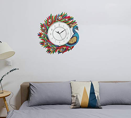 Image of Wooden Peacock Design Wall Clock Round Quartz Analog Decorative Antique Wall Clock for Home Decor