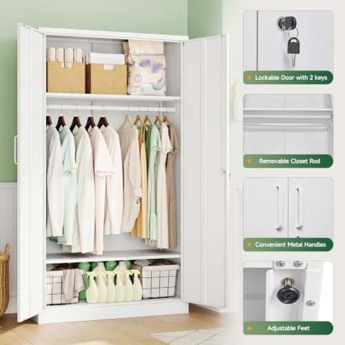 Image of Letaya Metal Wardrobe Cabinets with Lock,Clothing Locker 72 inch X 36 inch X 18 inch Storage Cabinets for Home Room,Fire Department, School, Employee,Gym,Government (White)