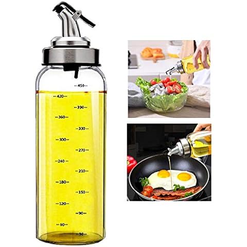 Olive Oil Dispenser Bottle, Liquid Condiment Container, 17 Oz Vinegar Dispensing Cruets With Dripless Capped Spout, Glass Decanter for Kitchen with Degree Scale (17 OZ) Cover