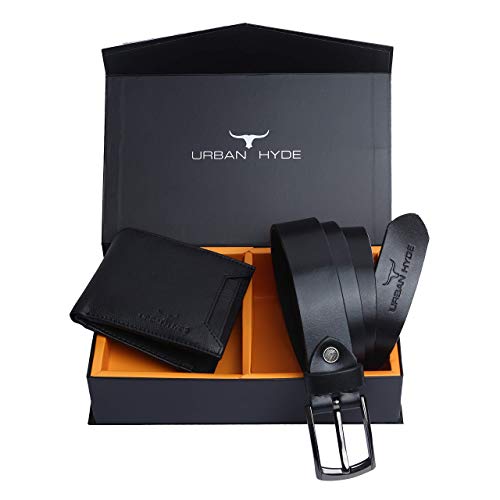 Image of URBAN HYDE Premium Genuine Leather Wallet and Belt Combo for Men | Leather Wallet & Belt Gift Set | Stylish Men's Leather Gift Combo for Birthday, Anniversary, Office & Daily Use | Black