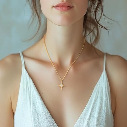 Gold Necklace for Women 14K Gold Pendant Necklaces for Women North Star Necklace Pendant with Cubic Zirconia Gentle and Beautifully Bright Dainty Chunky Star Jewelry for Womens3