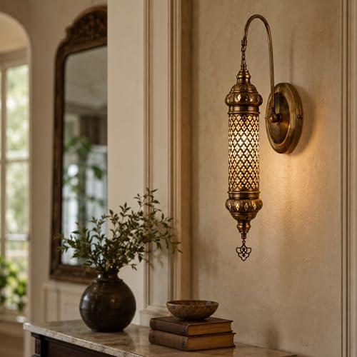 Image of Angora James Turkish Wall Sconce Decorative Light, 23.62 inch Handcrafted Metal & Blown Glass Lamp, Elegant Moroccan Design, Made in Turkey, Unique Wall Lighting Fixture for Indoor