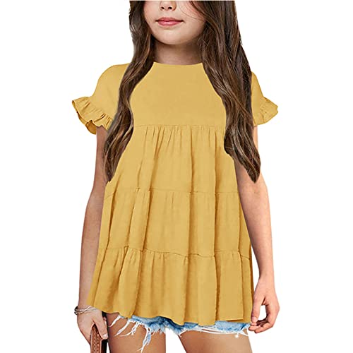 sfdgfhyf Child Cute Blouse Toddler Girls T Shirts Ruffle Short Sleeve Round Neck Loose Blouse Summer Solid Color Casual2