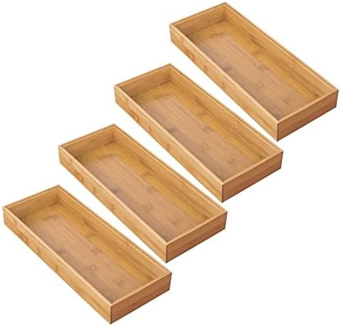 Organizador de cajones de bambú de madera - Bandeja de caja de almacenamiento apilable de 15"de largo para cajones/gabinete de cocina - Soporte para utensilios, cubiertos, espátulas y cubiertos - Colección Echo - Paquete de 4, madera natural