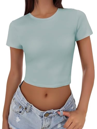 Weardear Damen T-Shirt Atmungsaktiv Crop Top Kurzarm Shirt Workout Tops Slim Fit Funktionsshirt Elastisch Basic Sportshirt Fitness Laufshirt Grau Blau S