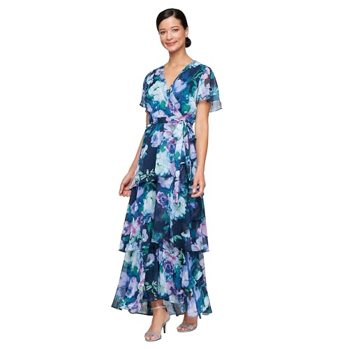Image of S.L. Fashions Women's Short Sleeve Tiered Skirt Long Maxi Dress with Surplice Neckline, Wedding (Petite and Regular Sizes)