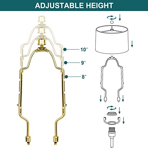 Image of WEAVERBIRD Lamp Shade Harp Bracket 8 9 10 inch Adjustable Lamp Harp Kit with 3 /8 Standard Saddle,E14 E26 E27 Light Base UNO Fitter Adapter Converter Finial Set and Crystal Lamp Finial Knob, Gold