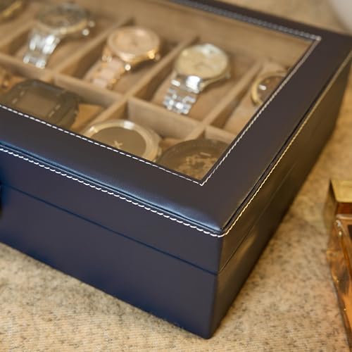 Image of Leather World Faux Leather Watch Box Organizer For Men & Women - Wrist Watch Box Holder 10 Slots - Removable Pillows Display Case - Gift for Loved Ones - Blue