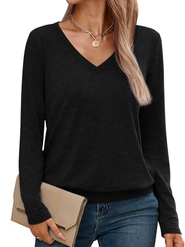 Womens V Neck Long Sleeve Shirts Casual Banded Hem Tops Basic Tees Spring Fall Clothes 2025
