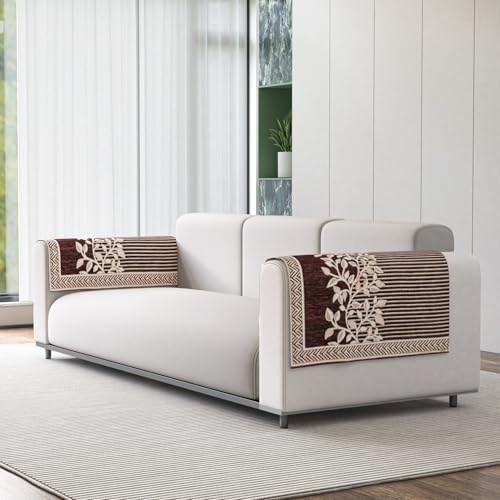 Image of Nendle Premium Chenille Floral Sofa Mat Arms Cover Only - Soft & Durable Protector for L Shape /Standard Sofa Set (58 cm, Brown, 1 Piece)