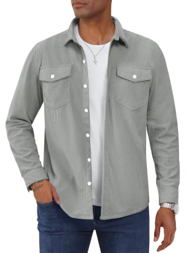 TACVASEN Hemdjacke Herren Cordhemd Langarm Herrenhemden Bügelfrei Warmes Winter Hemd Freizeithemd Hellgrau M