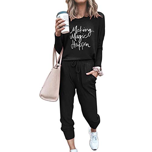 Sweatpants Set for Women Two Piece Outfit Long Sleeve Crewneck Pullover Tops and Long Pants Sweatsuits Tracksuits(Black,L)