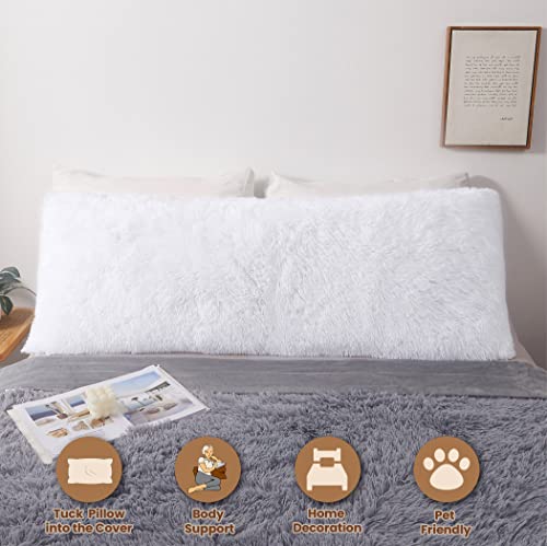 Mego Luxury Fluffy Body Pillow Cover, 21X54 Shaggy Faux Fur Body Pillow Case, White Soft Plush Fuzzy Body Pillowcase, Decorative Furry Long Bed Pillow With Zipper Closure Hug Pillow For Bedroom White #TOP1