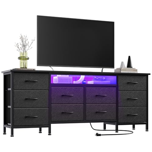 GarveeHome 63" Long Dresser for Bedroom with 10 Fabric Drawers, Entertainment Center TV Stand 65"-75" TV, White Dresser with Power Outlet & LED Light Storage Drawers by GarveeHome - Image 9