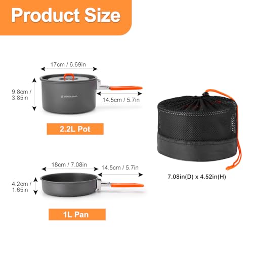 Odoland Camping Cookware Mess Kit, Non-Stick Lightweight Camping Pot and Fry Pan Set with Mesh Bag for Backpacking, Outdoor Cooking and Picnic, for 1-2 People