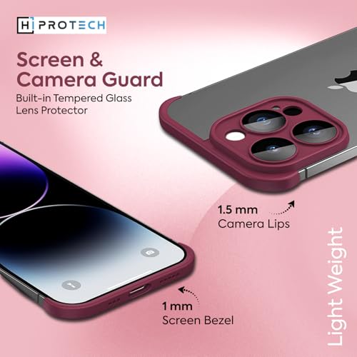 Image of HiProTech Slim Frameless Bumper Case for iPhone 15 Pro Max - Ultra-Thin TPU Silicone Side Cover with Camera Lens Protector - Lightweight, Minimal Design & Shockproof (Red)