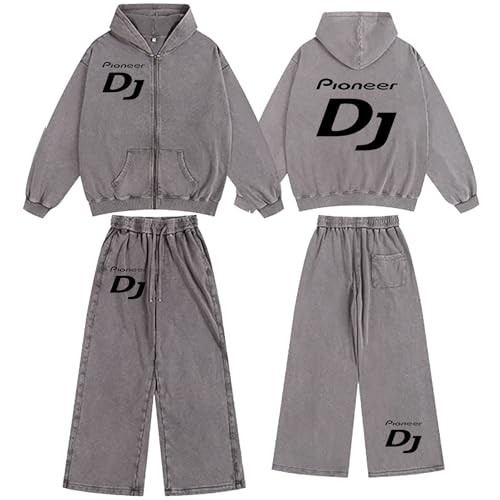 Tuta Uomo Con Felpa Zippata Lavaggio Vintage – Per Pioneer DJ Felpa Con Cappuccio Oversize Streetwear Con Pantaloni Coordinati Per Pro DJ, Abbigliamento Comodo Casual,Grey-s