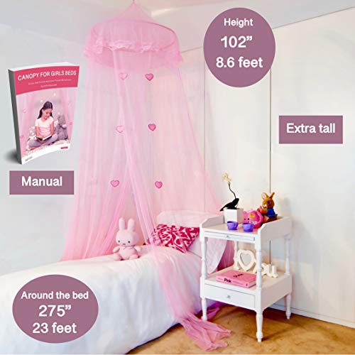 Even Naturals - Princess Bed Canopy For Girls | Pink Room Decor With Lace Dome & Hearts, Easy Hanging System, Mosquito Net For Bed Crib To Twin Size Girls | Canopy Bed Curtains, Reading Nook For Kids #TOP3